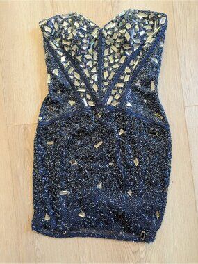 SHERRI HILL Strapless Hand Beaded and Sequin Encrusted Silk Dress Size 4 Blue